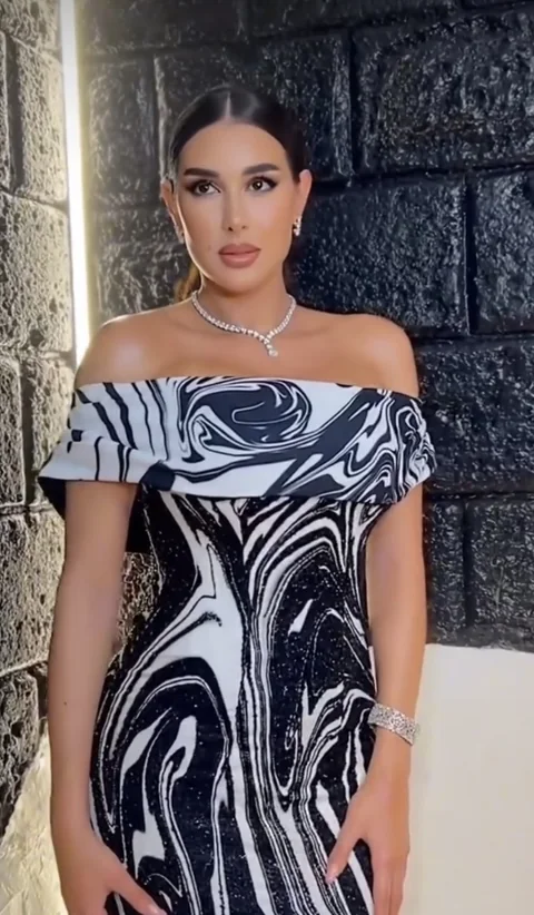Marble-print column gown on the red carpet — sleek evening beauty
